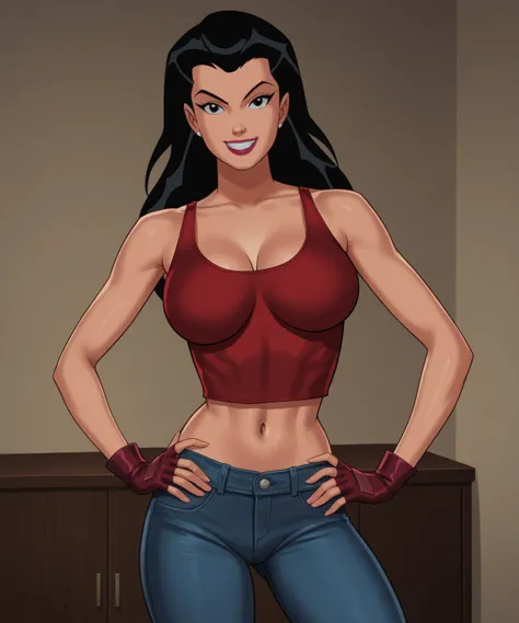 safe_pos, PonyXLV6_Scores BREAK (((retro artstyle, parody, animification)), perfect anatomy, cowboy shot) helena bertinelli, long hair, black hair, black eyes, flirting, raised eyebrow, ((looking at viewer)),  crimson red fingerless gloves, crimson red tan...