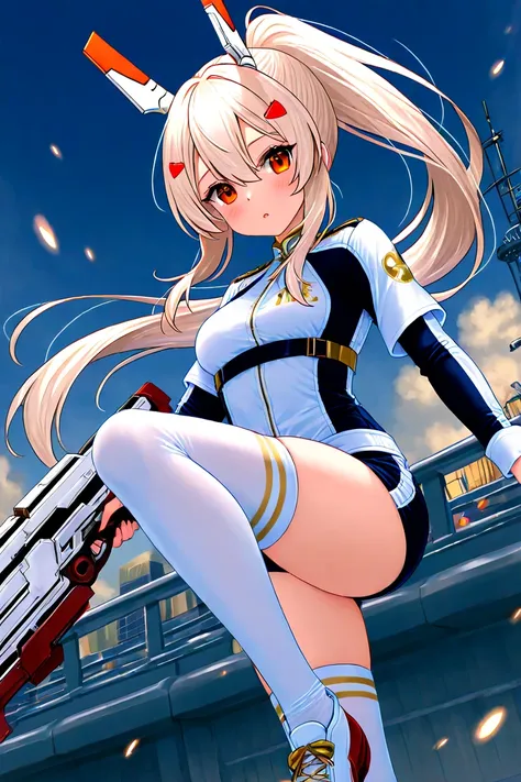 ayanami、ayanami、 azur lane、Characters appearing in the ship personification game 「 azur lane」 of 、 ponytail、 yellow gold、 white high knee socks 、Urban area、Urban Area、In-game combat uniforms、Fight enemies using in-game weapons