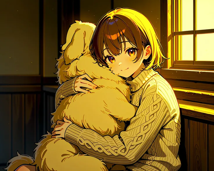 score_9, score_8_up, score_7_up, (best quality, high resolution), a little cute brown girl wearing a knit sweater and embracing a huge fluffy dog in a warm cozy cabin.