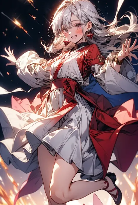  One Woman 　 girl　 Silver Hair　 long hair　 Red　gold and red earrings　 white dress　 Long Sleeve　 slit　whole body　I can see my feet　空をjump　jump　pray　Light blush,  happy/joy, 