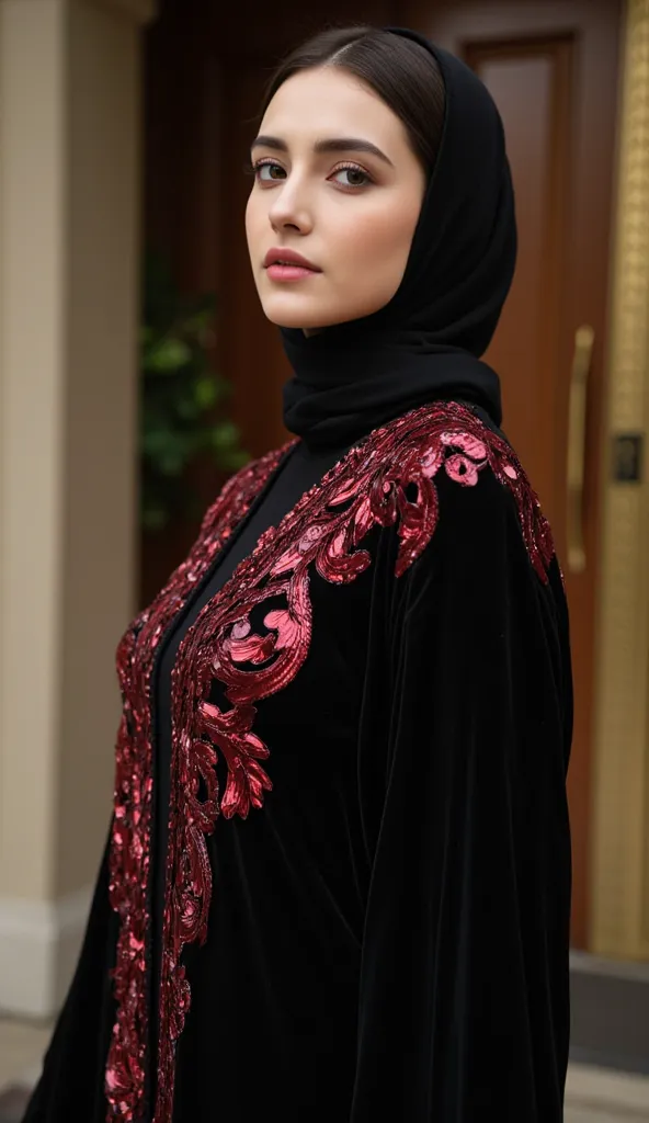 Close-up of a woman's face with a Lebanese hijab, a luxury black and dark red shiny sequined abaya and natural breasts from the side view and looking at the camera and the background of a luxury door in the garden