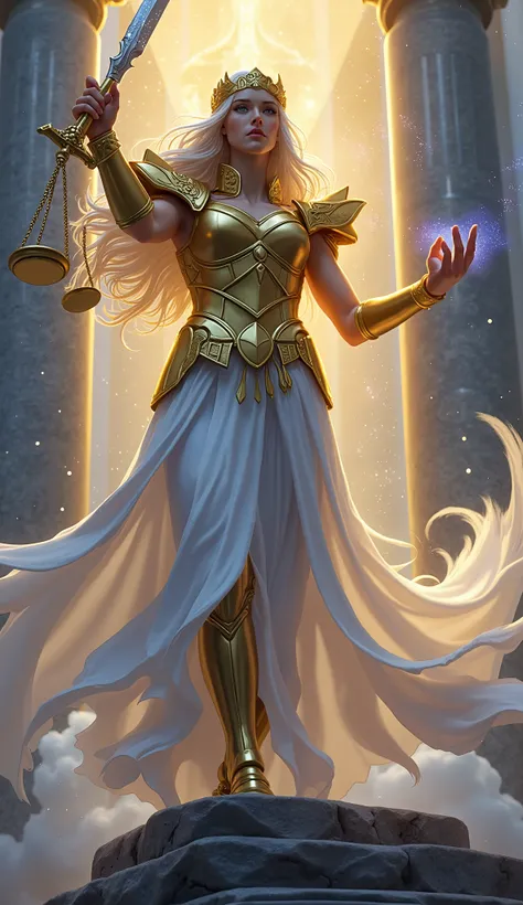  A majestic and imposing goddess , They have ,  the personification of Divine Justice ,  stands on a heavenly pedestal .  She wears a long white and gold tunic ,  shining with divine light ,  with intricate gold details that symbolize the cosmic order .  H...