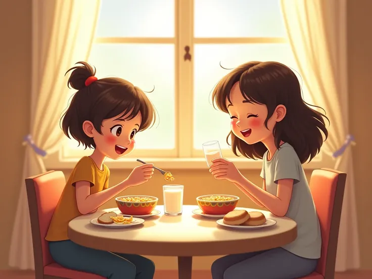 n the morning, Lan, a young girl with short hair, is happily eating a bowl of cereal while drinking a glass of milk. Beside her, Na, her older sister with long hair, is enjoying fried eggs and bread. They are sitting at a cozy breakfast table, smiling as t...