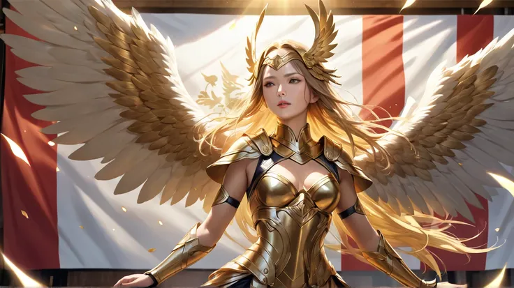 An angelic figure、Image of the goddess Valkyrie、Aura that shines in gold、woman、 has wings、 realistic depiction、 High Precision、Japanese flag on background