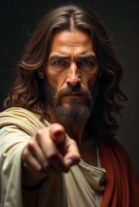 Do Jesus close to the camera and pointing at the camera with a serious face