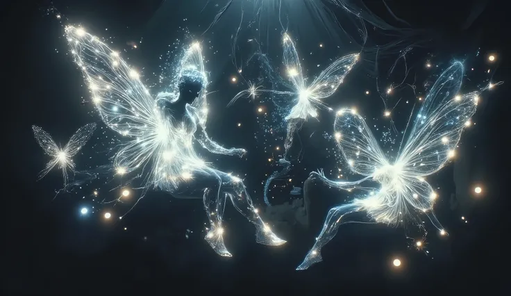 ethereal digital illustration of tiny luminescent fairies dancing through a pitch-black void, inspired by James Jean's dreamy style, delicate fairy wings emitting soft pearl-white glow, surrounded by swirling fireflies and sparkling light motes, fairies sh...