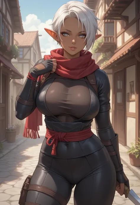  Sensual dark-skinned ninja elf woman with short white hair , big breasts and sharp gray eyes ,  wearing revealing tight black ninja costume with a scarf in a village. 