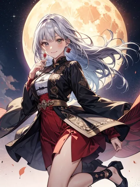  One Woman 　 girl　 Silver Hair　 long hair　 Red　gold and red earrings　noble　 dress　白い dress　白い dress　 Long Sleeve　 slit　noble　whole body　I can see my feet　空をjump　jump　Feather　天使のFeather　 Deformed Cheek Dye,   Bright Eyes ,  Take a Closer Look,  seductive sm...