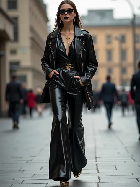 Beautiful young Armenian woman in black lipstick on her neck golden cross decoration in black women's sunglasses in a black leather women's jacket with a black belt in black wide flared latex pants in black latex gloves in high black patent leather platfor...