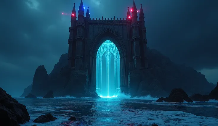 In the middle of the calm, dark sea, a cluster of stylized Gothic architecture giant gate made of stone and glass combined into beautiful gothic arches, laser lights of many colors shining brightly, rose majestically from the sea surface. Waves and sea foa...