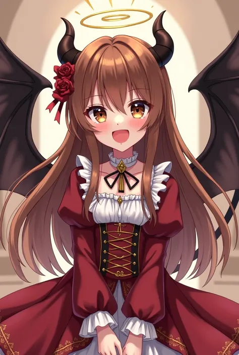 brown hair haired anime girl with sweet lolita royal attire who has amber eyes and a cheerful look on her face long hair vampire fangs demon tail demon horns angel halo black angel wings preadolescent girl