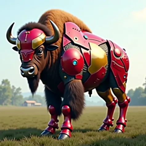 Make image realstic A real Bison with Ironman's Red and Golden color costume design, Natural animal standing style.