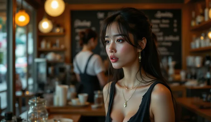 "Close-up photo of Miyabi,Japan, a woman in her 30s, big breasted, with long black hair, dressed in an elegant black mini dress, as she speaks passionately, her eyes reflect a mixture of sadness and determination. The atmosphere of the cafe is softly lit, ...