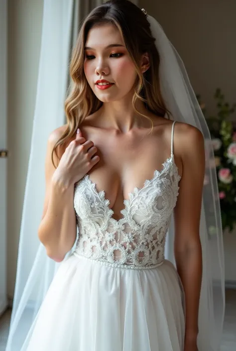 Change to a white wedding dress based on the face in the uploaded image，Busts are plump and sexy，Thongs sling pussy to show camel toes，Snow white thighs 