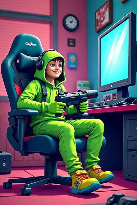 Create a gabber cartoon image where gabber is setting on gaming chair and wears green cloth and taken and gun in left hand 
