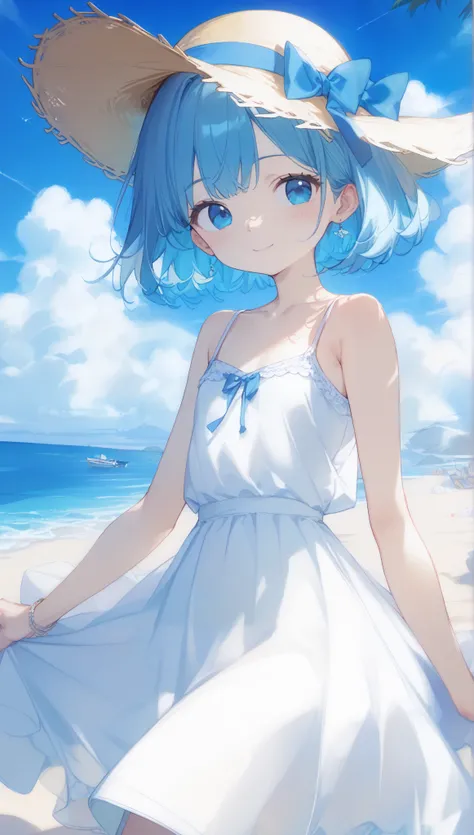 Japanese 、 blondes、 short bob、 big breasted 、( slim stomach: 1.2), ( slender body: 1.22), ((( camisole dress at the office at night、 white dress、 cute camisole ))), straw hat、(((summer、 white sand beach、 blue sky、Blue Sea:1.7、Cumulonimbus)))