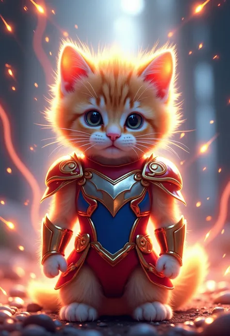  Kitten in Seiya's costume with shiny armor and with lights and rays like.in the anime series  