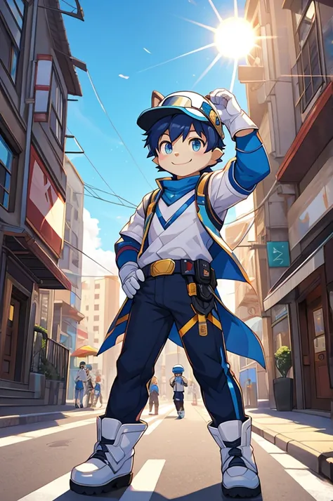  emer one ld {x} furry, 1 boy , Deep Blue Boy ,  tights,  young hero,  White Gloves , White boots,  street background ,  Smile, Shota,  sun visor, night