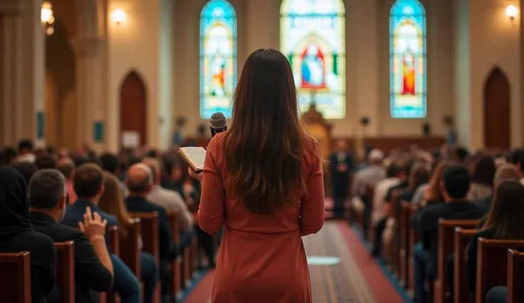 A  girl stands on a raised platform in a church, holding a microphone, reading from the Quran. The crowd of people in the church, many more than before, are standing, some in shock, and others kneeling in prayer. The atmosphere is filled with awe and tensi...