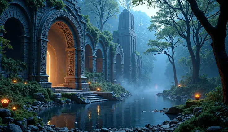 A cinematic, ultra-detailed 4K render of ancient elven ruins nestled in an enchanted twilight forest, blending realism with ethereal fantasy art.
Towering, crumbling stone arches and staircases overgrown with luminous vines and moss, intricate Celtic-style...