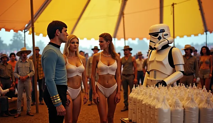 At the massive 1969 Woodstock Festival among the people in an open tent, Spock from Star Trek with 3 huge breasted women dressed as stormtroopers. The tent has plenty of bottled beer and a pallet of flour in transparent plastic bags.