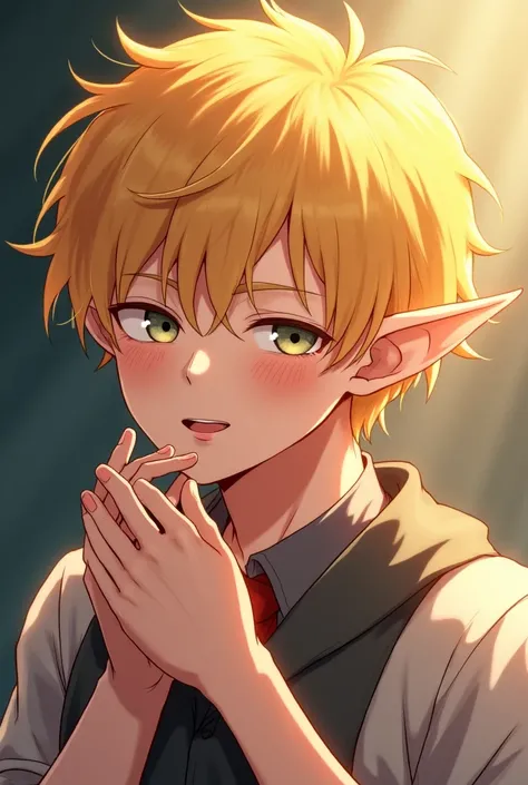 Anime elf guy with short blond hair gives a fellatio