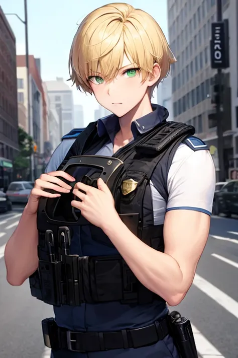 Short blond hair, green eyes, beautiful boy, police style
