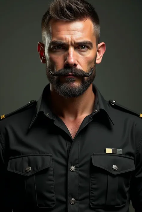 Man fully shaved beard ,  slightly grown-up cutlets, full beard, full-boomed ribs ,  handlebar moustache touches black Captain black military clothing open his shirt 