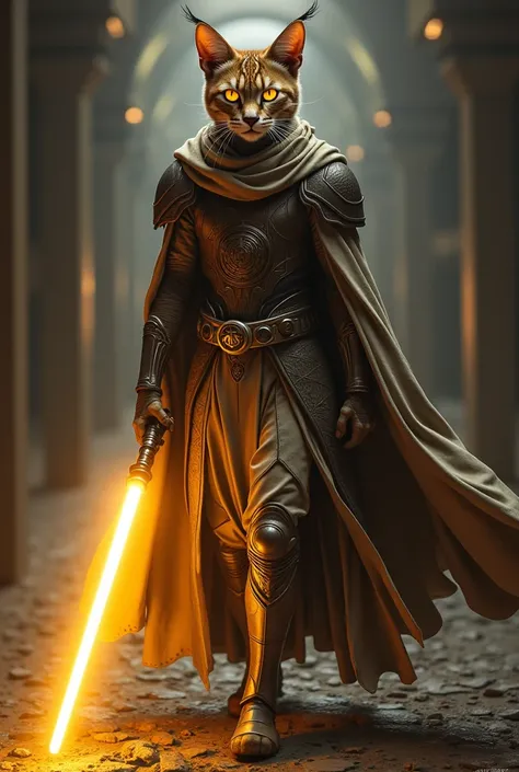 A Jedi caracal wearing knight armor and yellow lightsabre