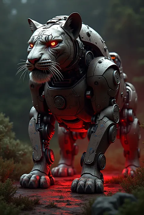 a tiger as a mechanical engineer, heavy dark natural background with grass and bushes, red artificial spotlight effect, strong appearance, with hand tattoos 