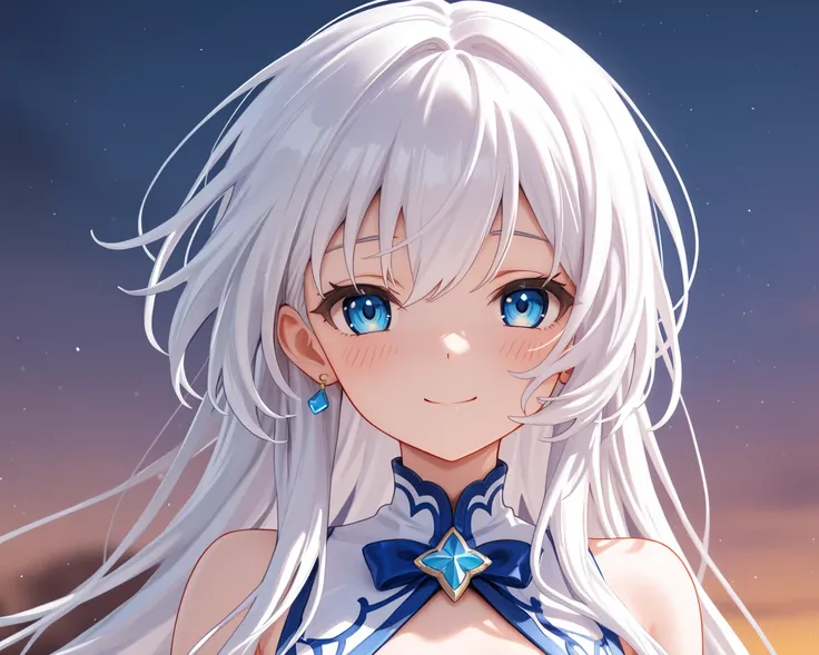 Anime girl with a shy face, white hair and blue eyes