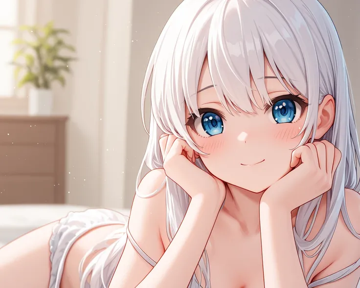 Anime girl with a shy face, white hair and blue eyes