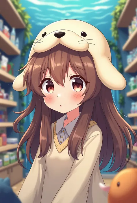 a cute small anime girl with long waist length brown hair wearing a hat that looks like a seal in an aquarium gift shop