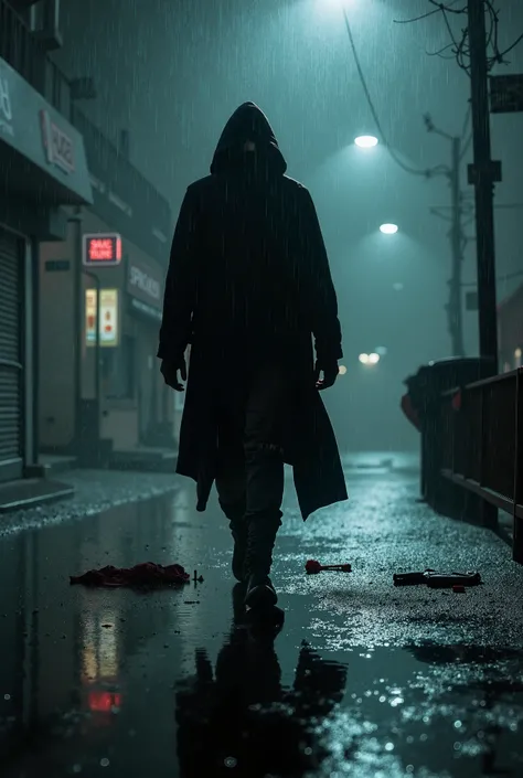  A dark silhouette of a killer in a raincoat and cap, Passing by the murder  in the rain, With a few drops of blood and a gun next to it 