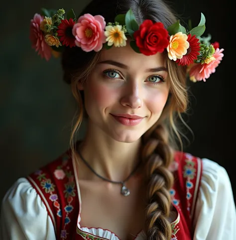  close-up of a woman with a wreath of flowers on her head, woman braids a braid ,  smiles, holding ,  russian girl,  Slavic style, beautiful woman from the north,  by the Slavic folk tale ,  Russian clothes , Russian costume, Anna Nikonova aka newmilky, Be...