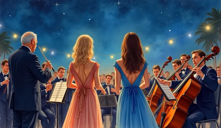  A realistic watercolor depicting a symphony orchestra on a large outdoor stage,  On a Starry Night .  Two female singers ,  a blonde and a brunette , about 40 years old, dressed in gala attire, with a singing attitude , Well illuminated,  looking straight...