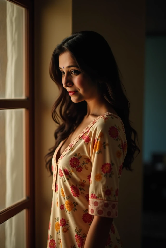 binocular view, i am seeing her strip from opposite house, my house is across street, it is my POV, she is undressing near her bedroom window, indian home, she is facing me, wearing deep neck front open floral side split cream colourkurti half sleeves with...