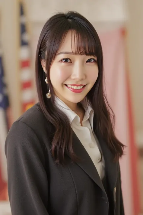 "A Japanese woman as the President of the United States, standing confidently in the Oval Office. She wears a stylish yet professional suit, with the American flag behind her. The atmosphere is dignified and inspiring, symbolizing leadership and diplomacy....