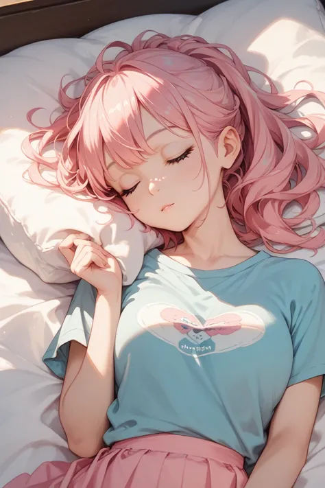 cute girl with pink hair sleeping