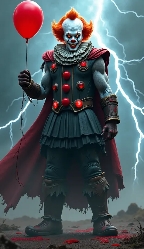 A dark and powerful hybrid fusion of Thor, the God of Thunder, and Pennywise, the terrifying clown from the sewers. The creature stands tall, with the muscular build and regal posture of Thor, but with the menacing face of Pennywise, twisted into a horrify...