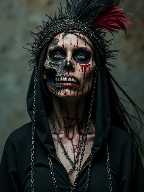 Beautiful Female cosmic entity with feather crown,half skull half face rotted,barb wire and chains wrapped around her,spilled with red and black fluid,dark makeup,dark surrealism,dark realistic photography, dark occult art,melancholic dark art, surreal dar...