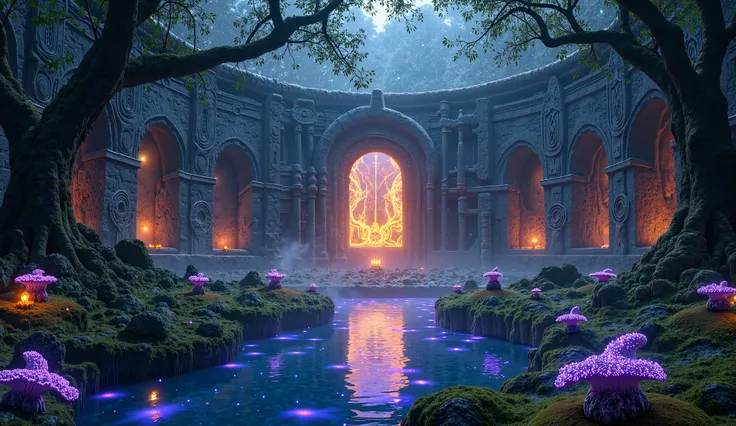 A cinematic 4K masterpiece of ancient elven ruins in an enchanted twilight forest, blending hyper-realistic detail with ethereal fantasy. Crumbling stone arches draped in luminous vines reveal Celtic carvings pulsing with gold-blue arcane runes. Twisted an...