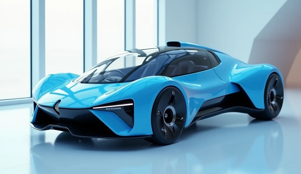 2025 first flying car front left and right sideview colour blue HD picture with name in showroom