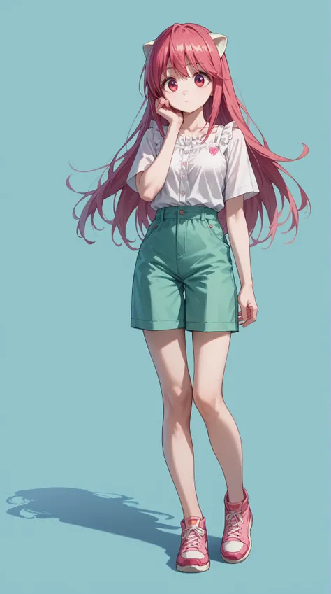  score _9,  score _8_arriba,  good quality ,  masterpiece,  big eyes , simple background 
ElfenliedLucy, Lucy,  long hair, pink hair,  pink eyes,  white blouse,  green shorts,
 looking at the spectator,  full body, thinking 