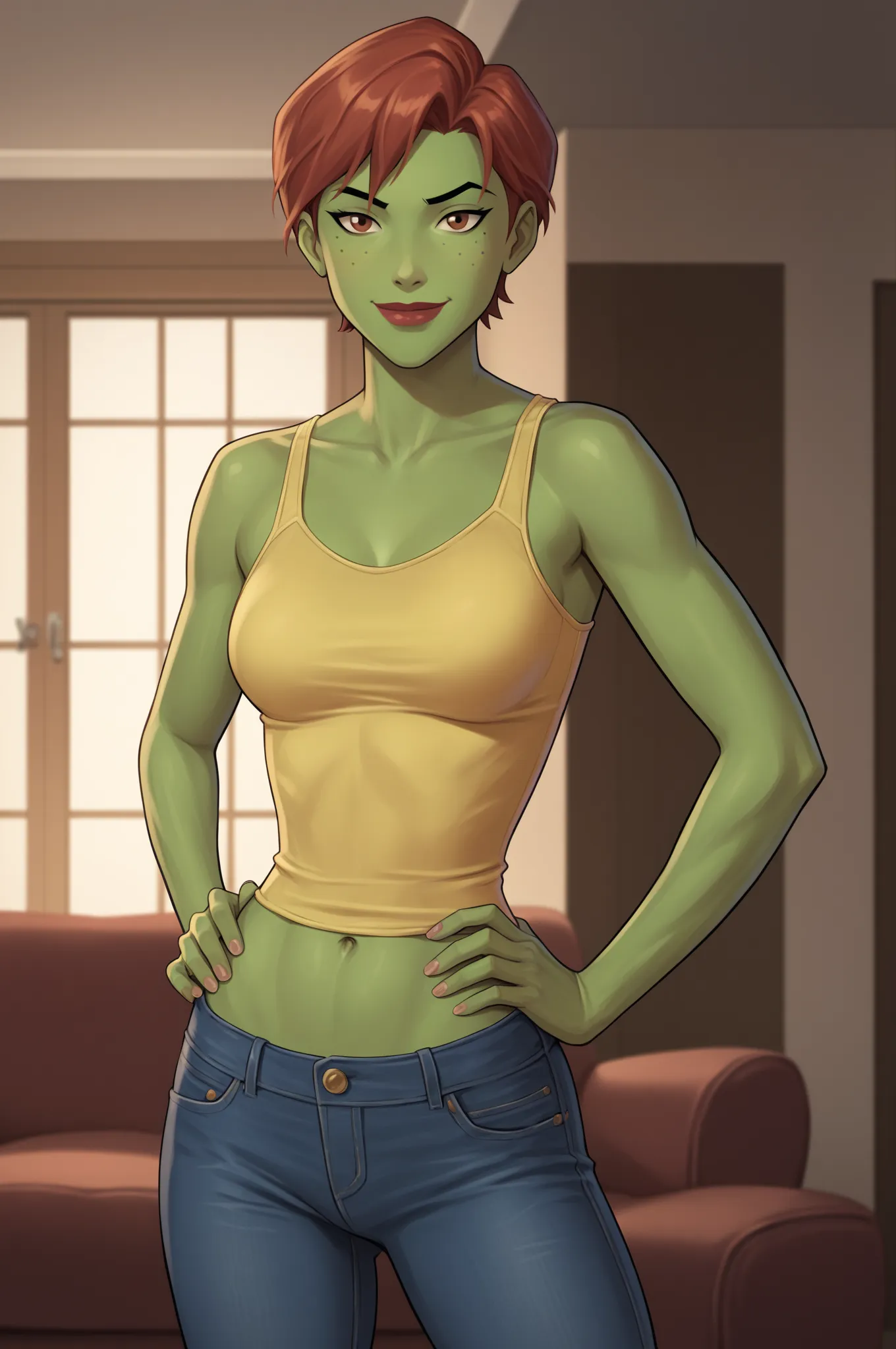 PonyXLV6_Scores BREAK (perfect anatomy, perfect eyes), BREAK mgann morzz, short hair, red hair, colored skin, green skin, freckles, brown eyes, makeup, lipstick, flirting, raised eyebrow, ((looking at viewer)), superhero, light yellow tank top, light yello...