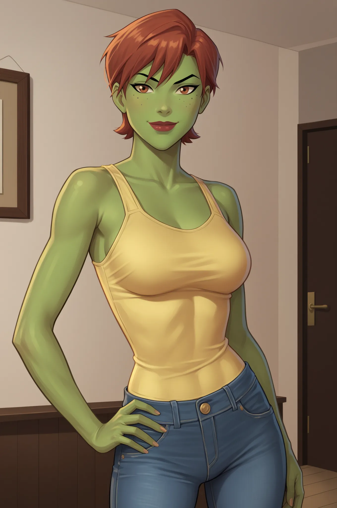 PonyXLV6_Scores BREAK (perfect anatomy, perfect eyes), BREAK mgann morzz, short hair, red hair, colored skin, green skin, freckles, brown eyes, makeup, lipstick, flirting, raised eyebrow, ((looking at viewer)), superhero, light yellow tank top, light yello...