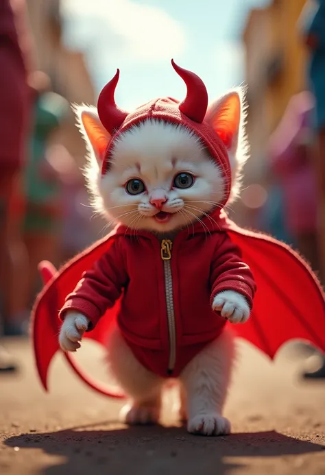 White baby kitten with devil costume at the Oruro carnival 