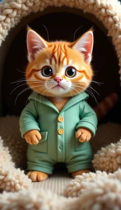 Make a front orange cat with light green pajamas, Looking centered ,  standing very cute and cuddly, In a wool hole ,  blanket in a very cozy setting 