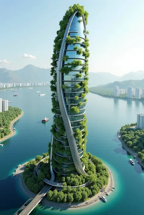 Design a visionary skyscraper in fish shaped integrating nature with technology—an emblem of sustainability and innovation. Let form follow function in a sleek, curvilinear structure boasting vertical gardens, smart facades, and renewable energy solutions....