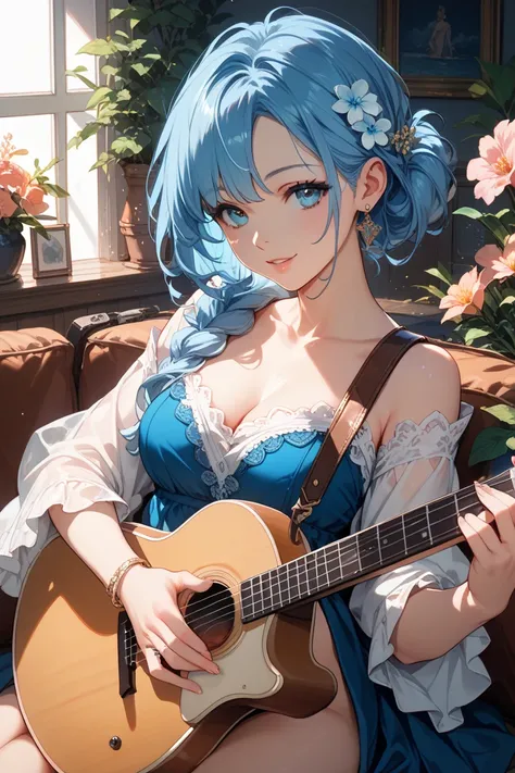 Blue-Haired Beautiful Girl Acoustic Guitar Flower